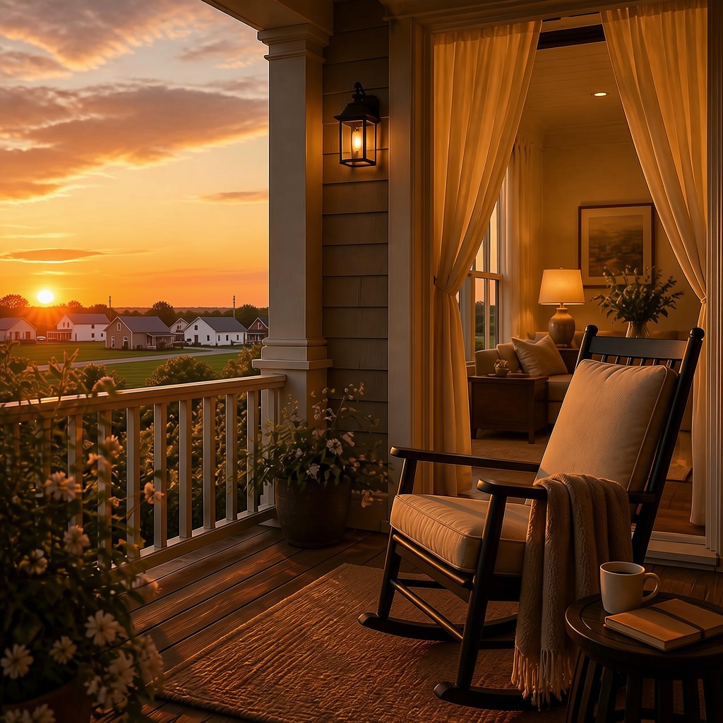 A quiet front porch at sunset with an empty rocking chair, open curtains, a mug, and a journal.