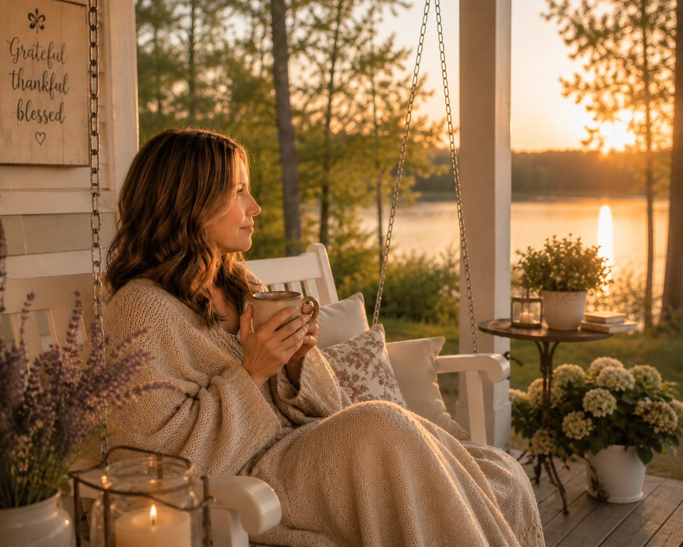 An elegant tree by a lake at golden hour — the calm, restorative atmosphere of returning home to yourself