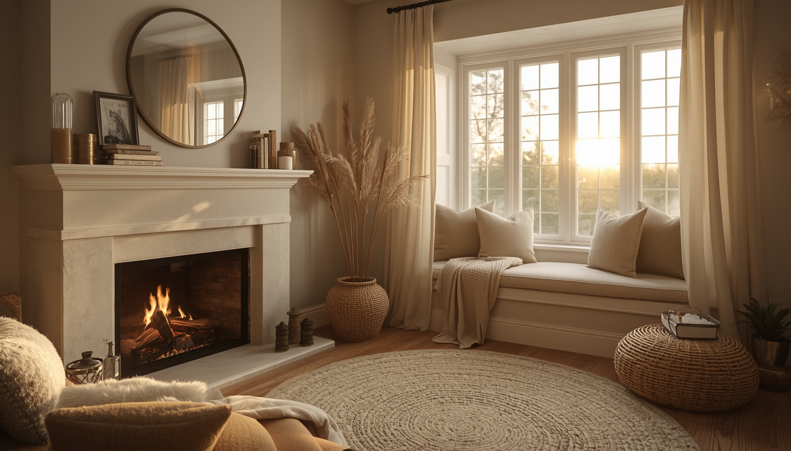 A cozy room with a fireplace and a sunlit window nook — the warm, restorative space of a Rooted Reset