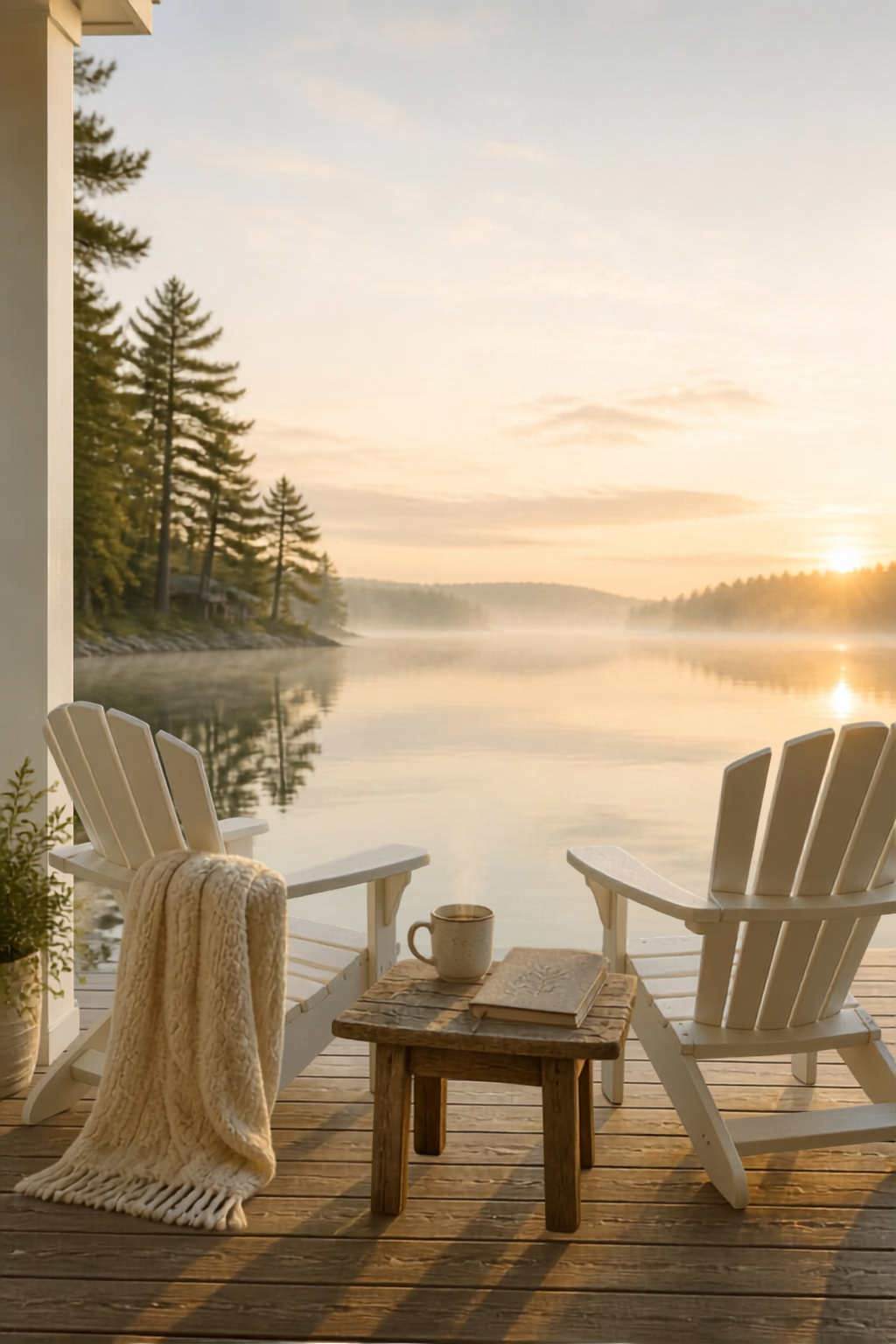 Two Adirondack chairs overlooking a peaceful lake at sunrise, with a blanket, mug, and journal between them.