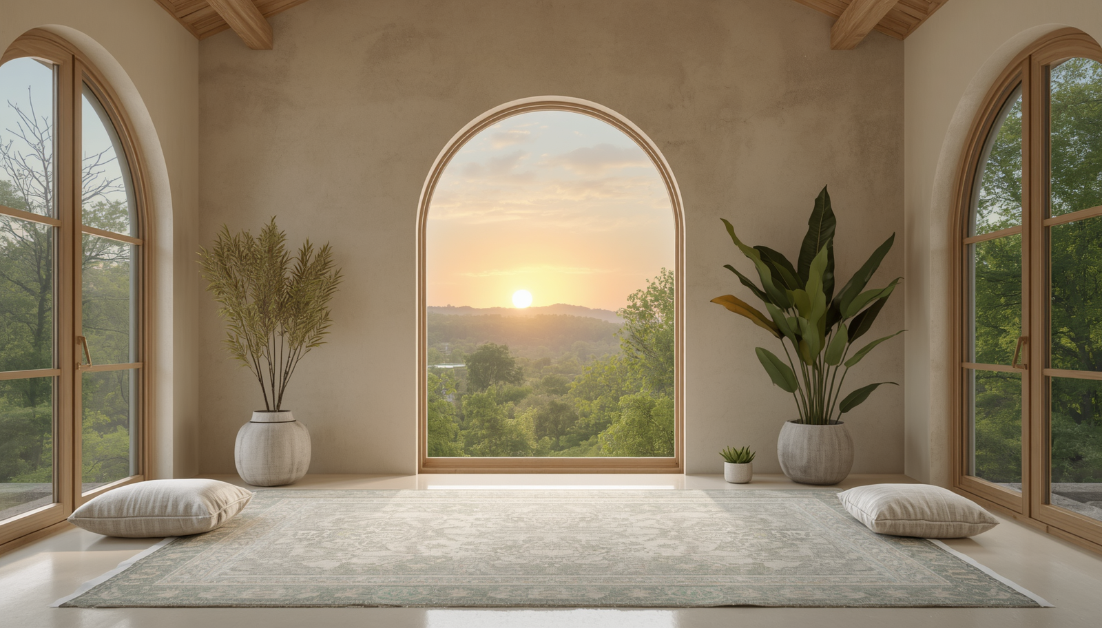 An arched window sanctuary at sunrise — a serene meditation space looking out toward an open horizon