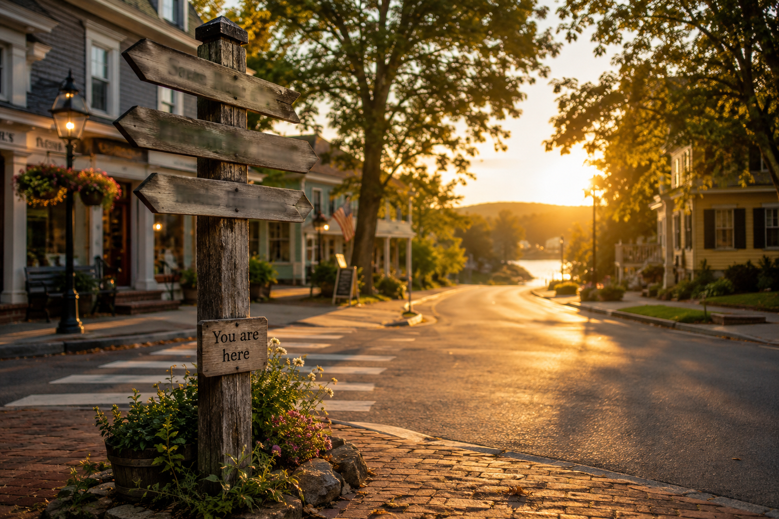 Golden-hour old-town intersection with a weathered wooden signpost, a “You are here” marker, and a winding road leading toward water and distant hills.