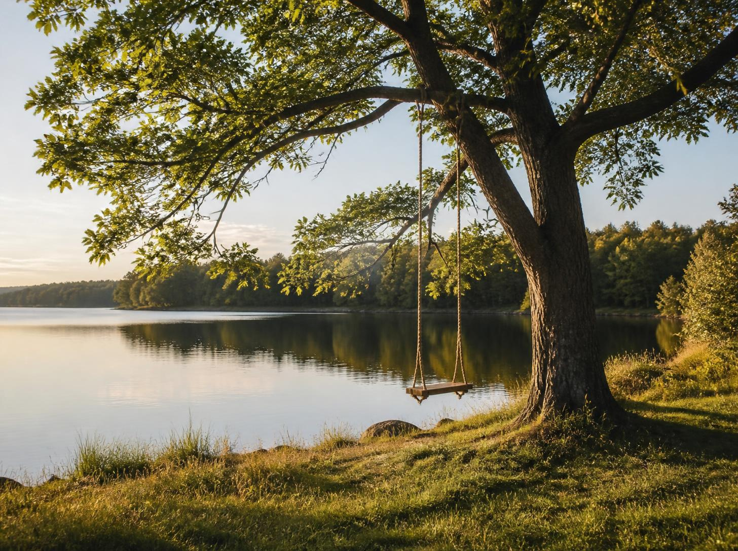 Mature tree beside a calm lake with a simple wooden swing hanging from a branch in warm afternoon light.