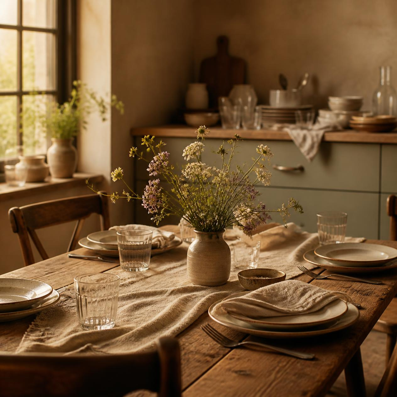 Warm dining table set with neutral linens, ceramic plates, glassware, and wildflowers in a sunlit kitchen.