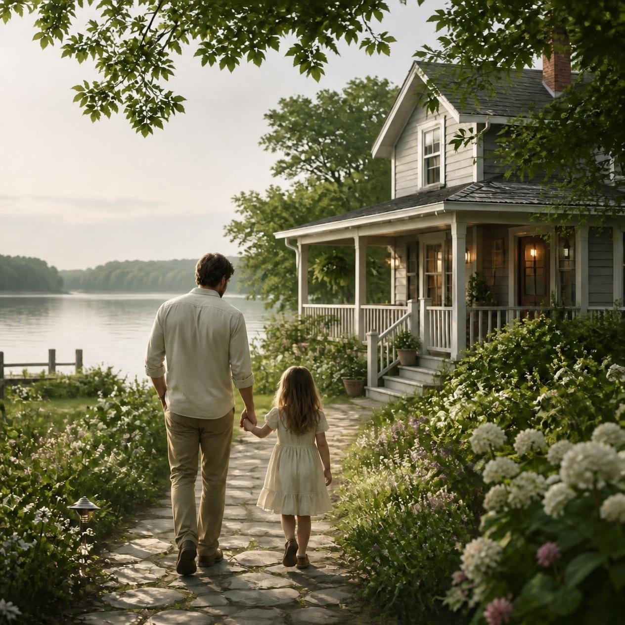Father and young daughter walking hand in hand along a garden path toward a lakeside home.